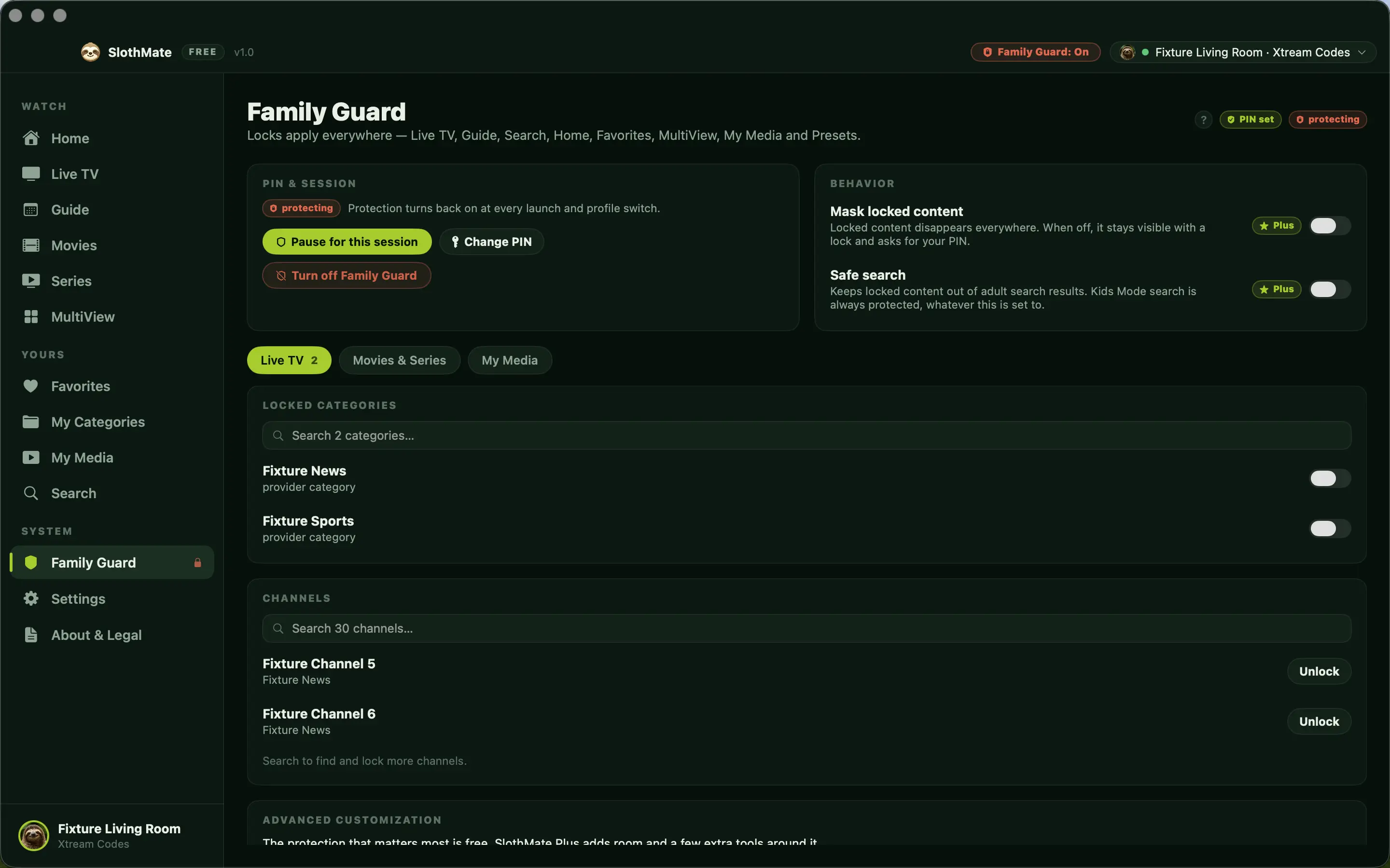 The Family Guard dashboard with the PIN and session card, Behavior switches, and the lock manager listing fictional channels.