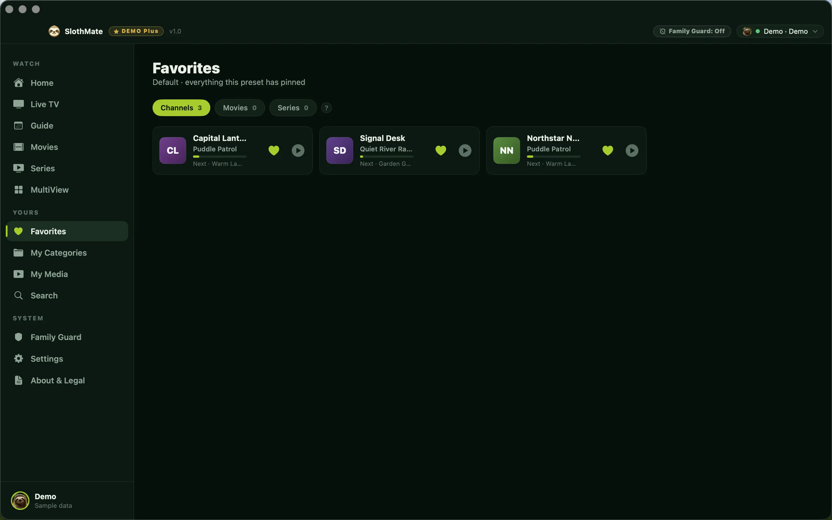 The Favorites screen showing pinned fictional channels inside the active preset.