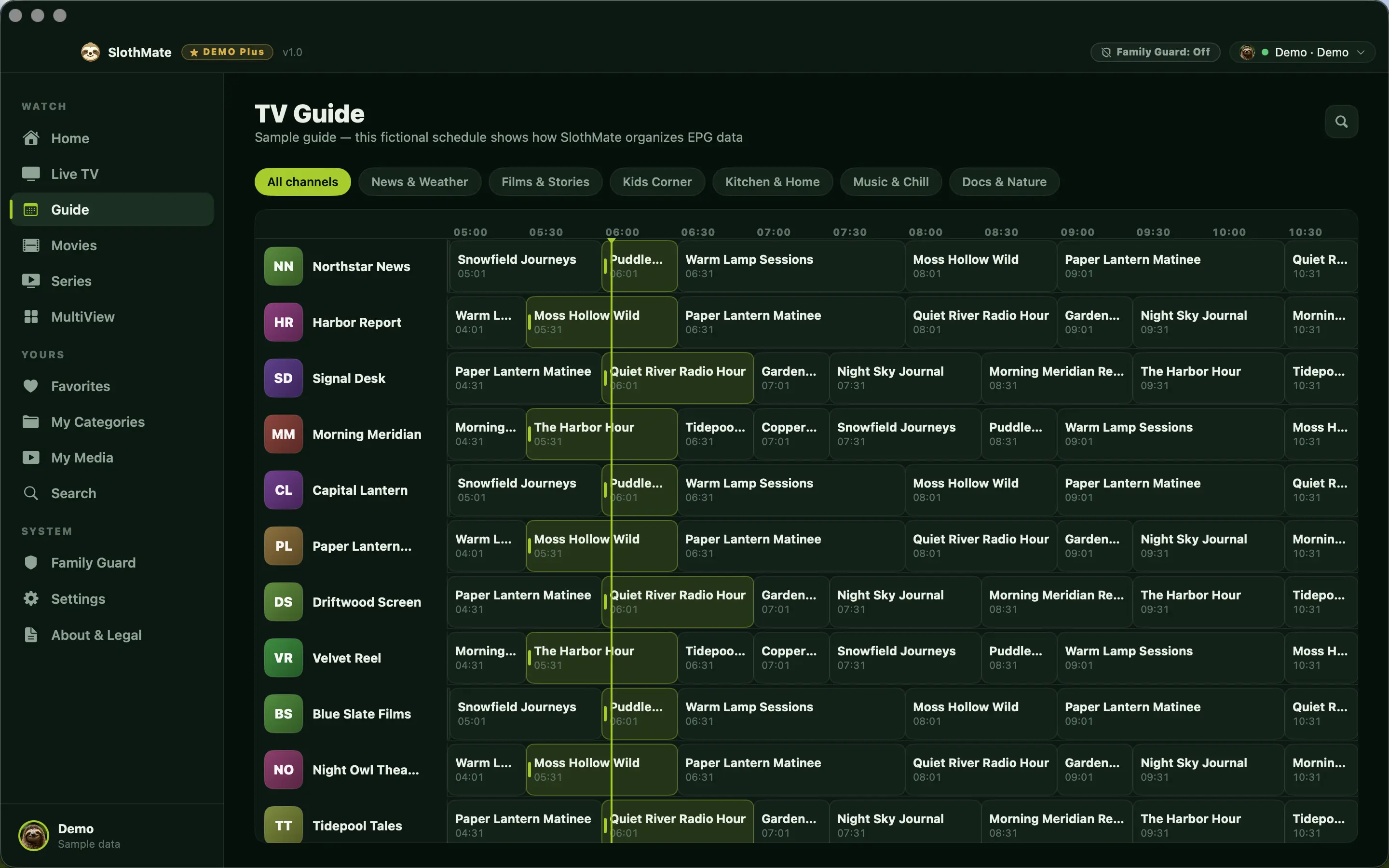 The Guide screen showing a fictional program grid with a now-line across several channels.