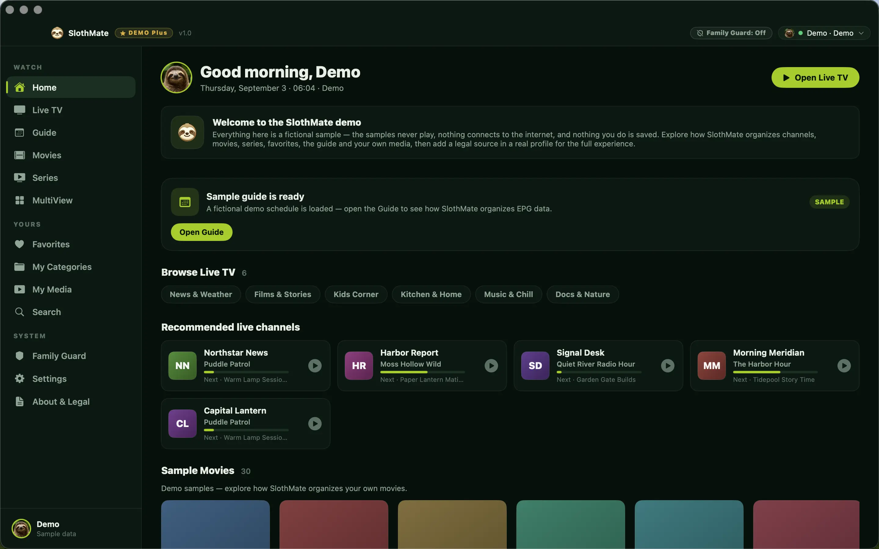The SlothMate Home screen in Demo Mode with a hero area and content rails of fictional channels, movies, and series.