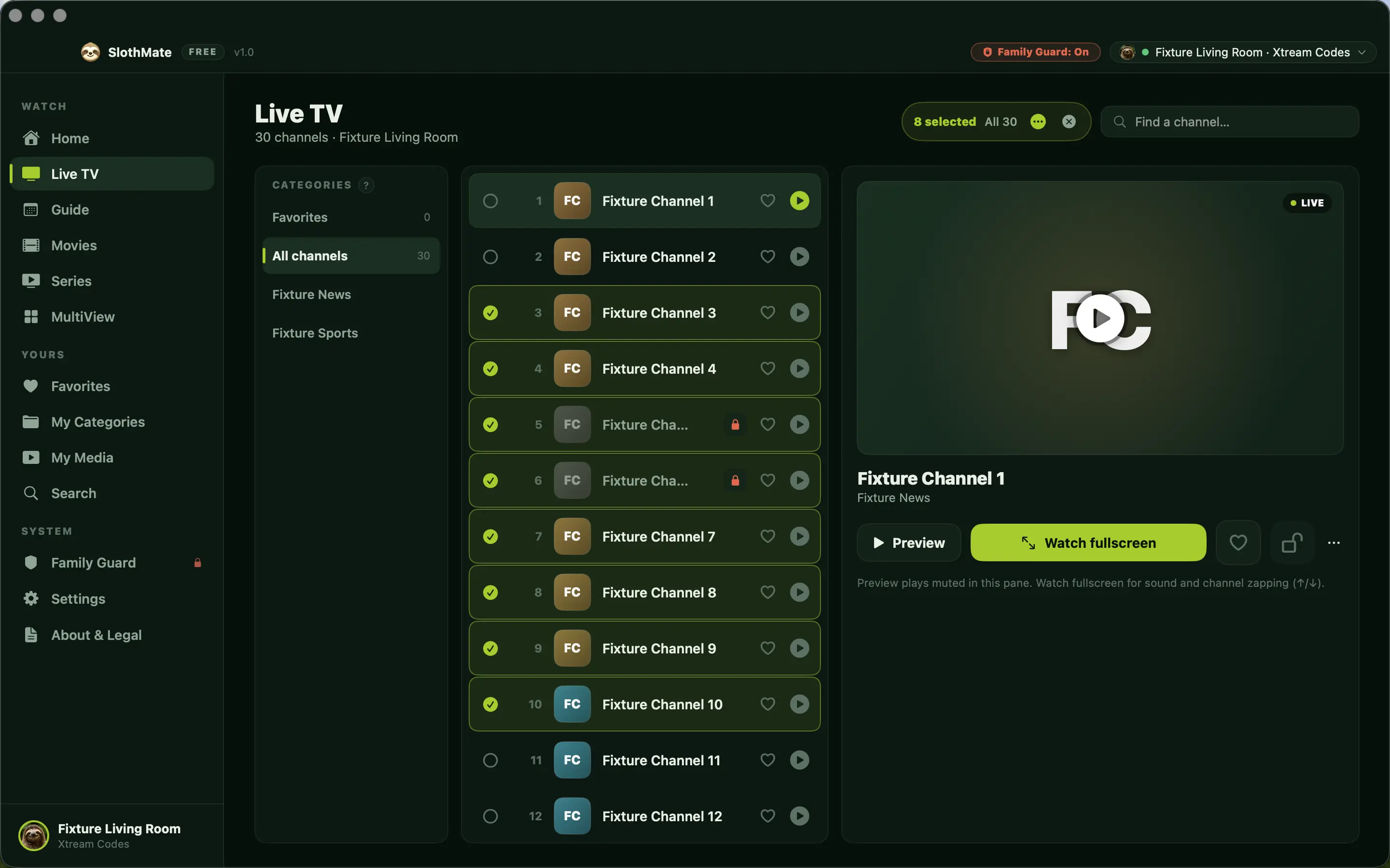 Live TV with eight channels selected through Shift-click, the header showing 8 selected and the bulk actions menu.