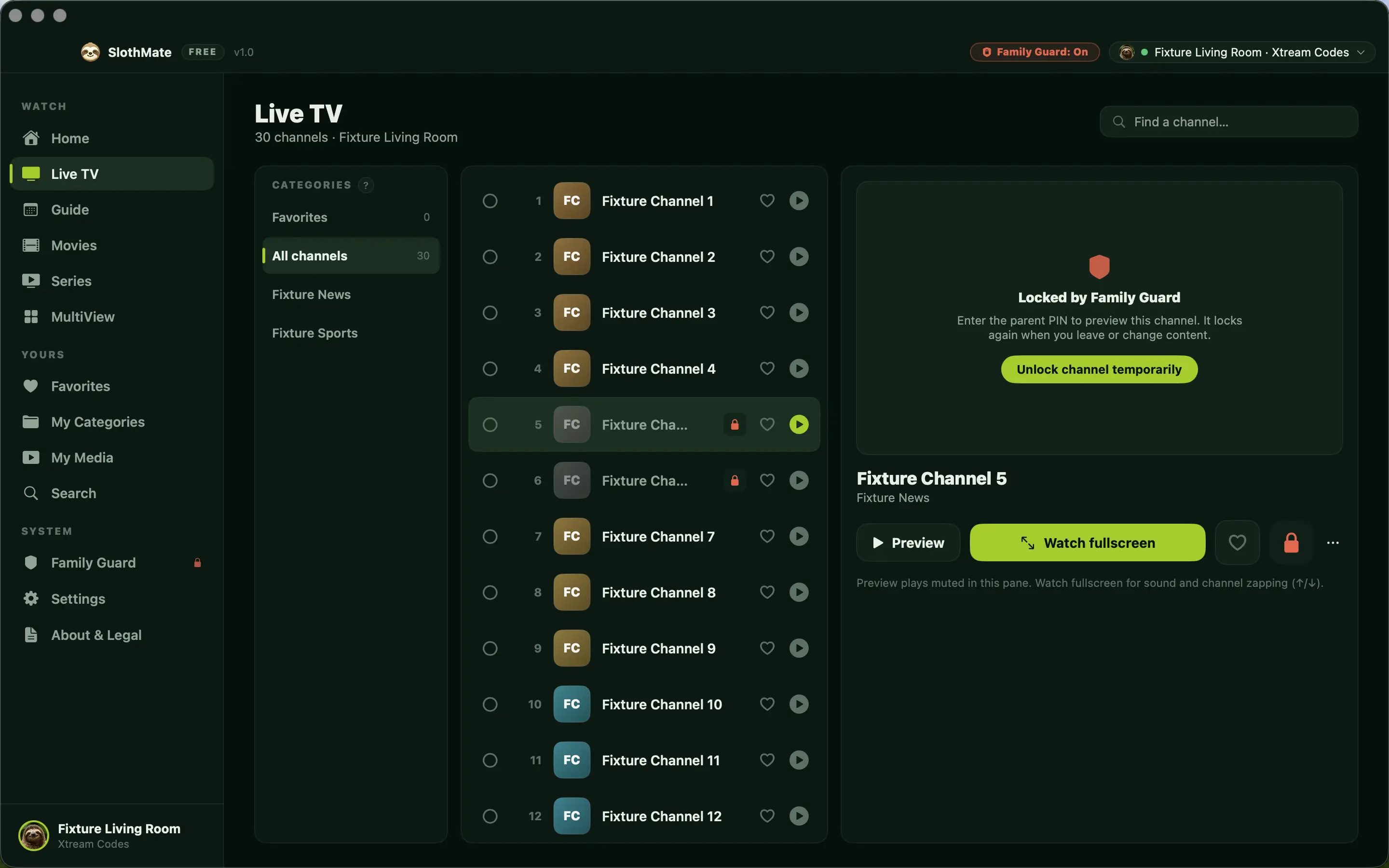 Live TV with Family Guard on: a locked channel shows a shield and an Unlock channel temporarily button, and the top bar reads Family Guard: On.