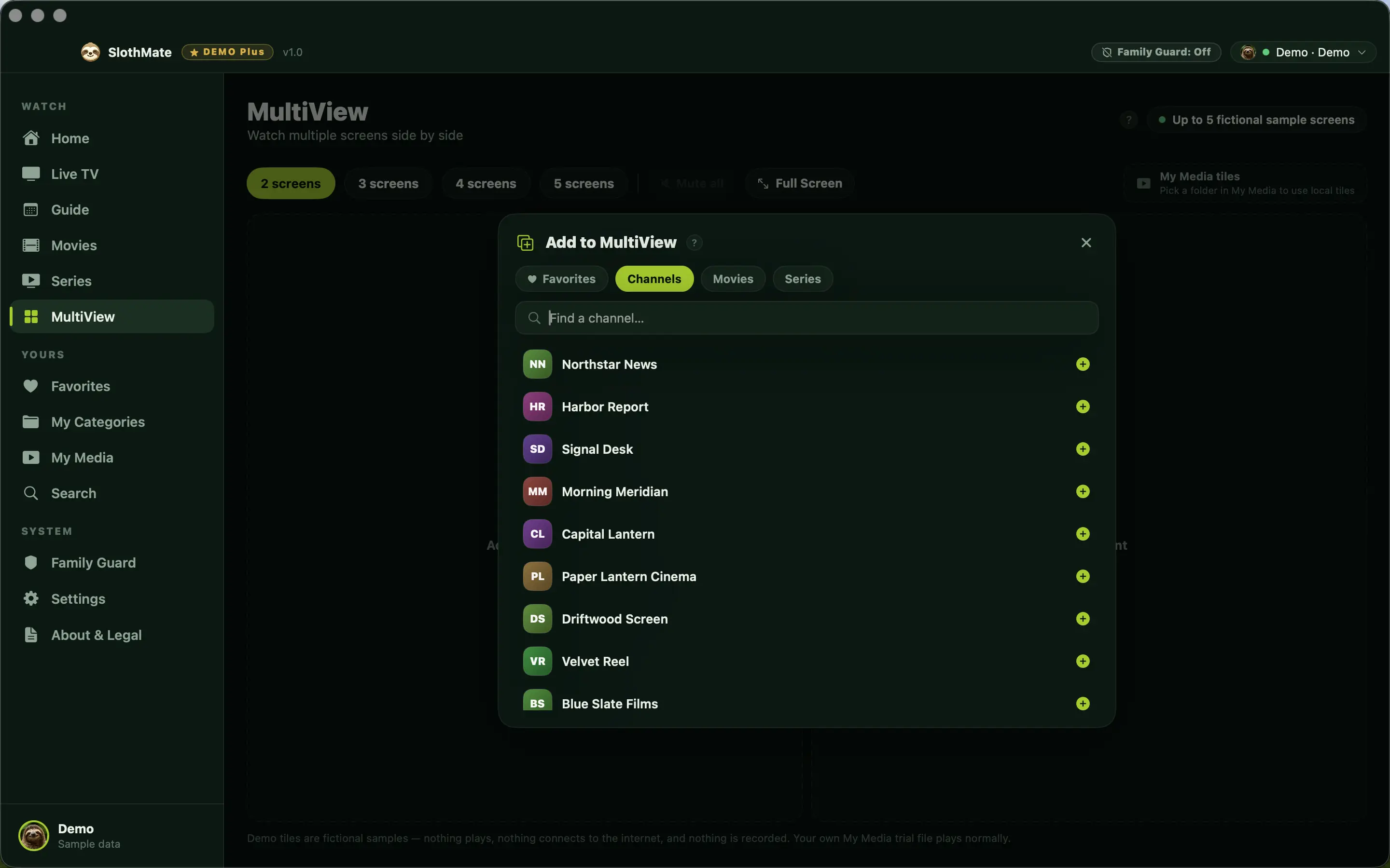 MultiView with the Add to MultiView picker open, listing fictional channels across Favorites, Channels, Movies, and Series tabs.