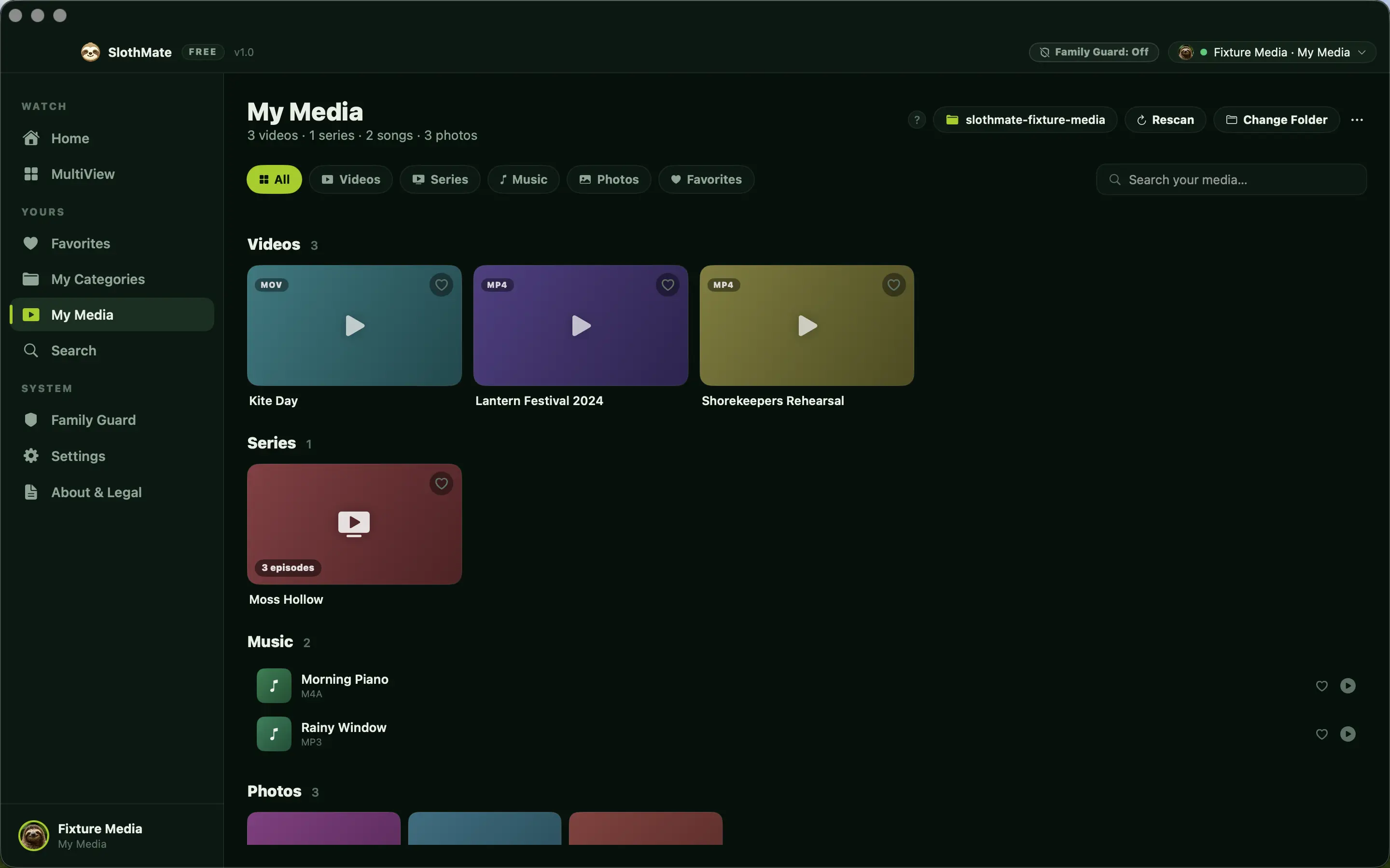 The My Media screen listing fictional personal videos, a series folder, music, and photos from a local folder.